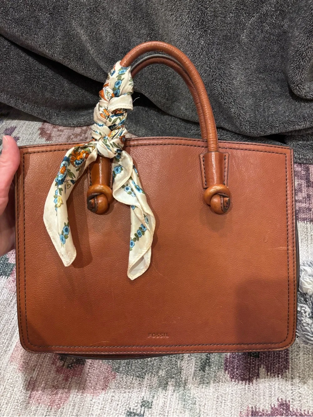 Fossil Leather Satchel Tote in Rich Chestnut Brown with Floral Scarf Accent